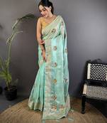 sky blue organza silk blend handloom banarasi saree with heavy khatali butta work