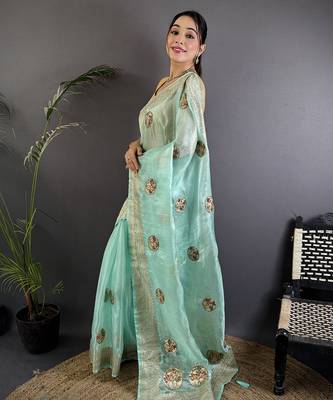 sky blue organza silk blend handloom banarasi saree with heavy khatali butta work 2