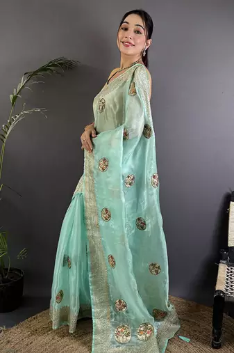 sky blue organza silk blend handloom banarasi saree with heavy khatali butta work
