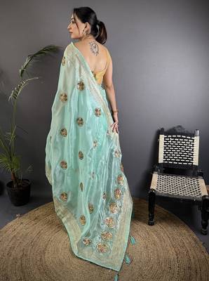 sky blue organza silk blend handloom banarasi saree with heavy khatali butta work 3
