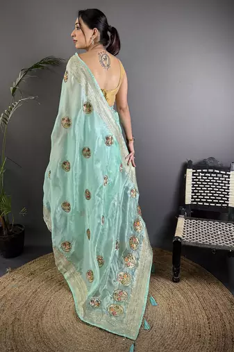 sky blue organza silk blend handloom banarasi saree with heavy khatali butta work