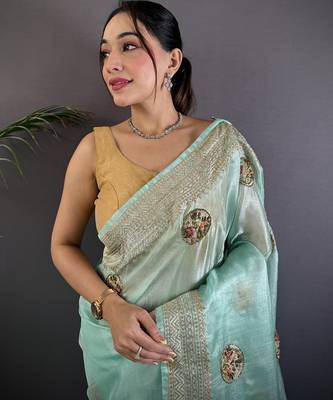 sky blue organza silk blend handloom banarasi saree with heavy khatali butta work 4