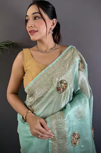 sky blue organza silk blend handloom banarasi saree with heavy khatali butta work