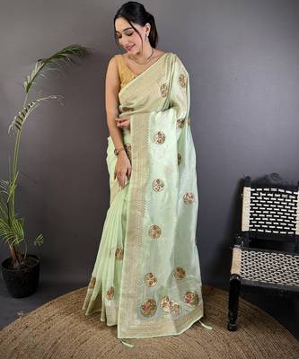 light green organza silk blend handloom banarasi saree with heavy khatali butta work 1