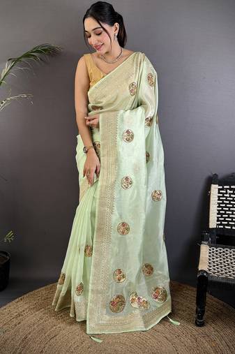 light green organza silk blend handloom banarasi saree with heavy khatali butta work