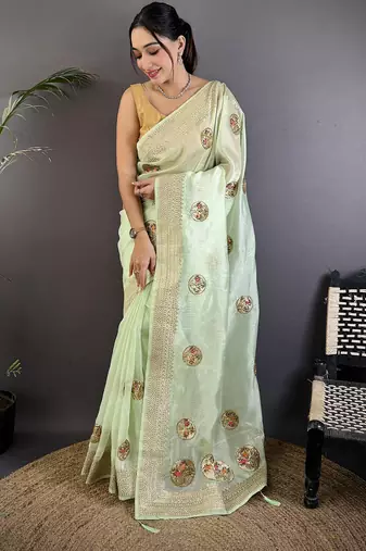 light green organza silk blend handloom banarasi saree with heavy khatali butta work