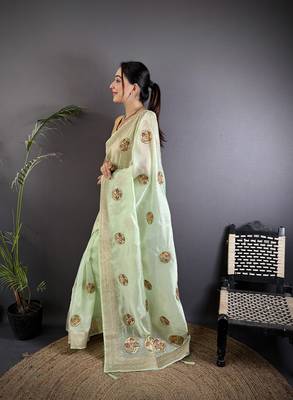 light green organza silk blend handloom banarasi saree with heavy khatali butta work 2