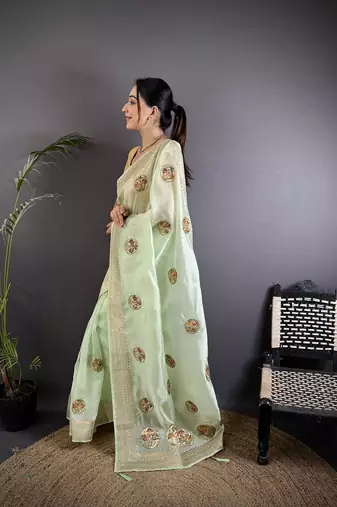 light green organza silk blend handloom banarasi saree with heavy khatali butta work