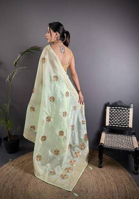 light green organza silk blend handloom banarasi saree with heavy khatali butta work 3