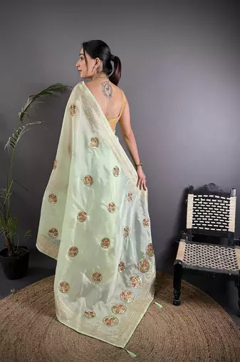 light green organza silk blend handloom banarasi saree with heavy khatali butta work