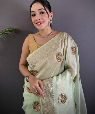 light green organza silk blend handloom banarasi saree with heavy khatali butta work 4