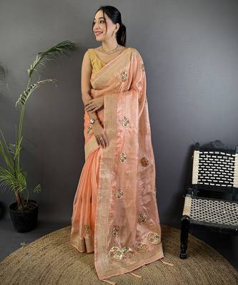 peach organza silk blend handloom banarasi saree with heavy khatali butta work 1