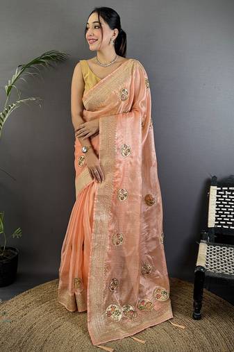 peach organza silk blend handloom banarasi saree with heavy khatali butta work