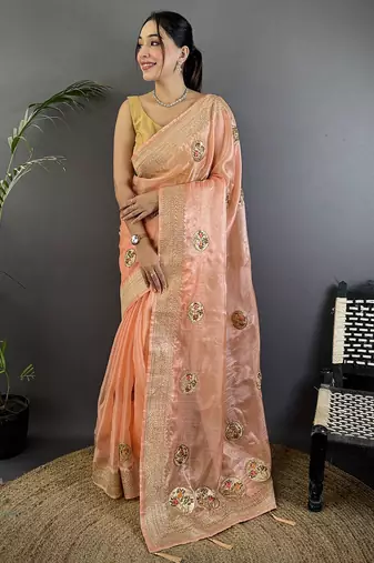 peach organza silk blend handloom banarasi saree with heavy khatali butta work