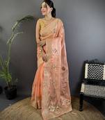 peach organza silk blend handloom banarasi saree with heavy khatali butta work
