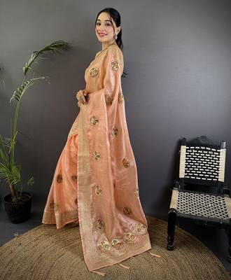 peach organza silk blend handloom banarasi saree with heavy khatali butta work 2