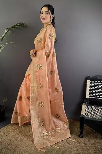peach organza silk blend handloom banarasi saree with heavy khatali butta work