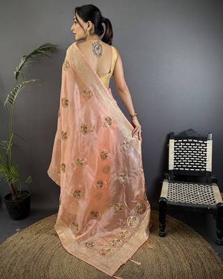 peach organza silk blend handloom banarasi saree with heavy khatali butta work 3