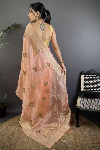 peach organza silk blend handloom banarasi saree with heavy khatali butta work