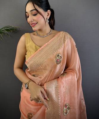 peach organza silk blend handloom banarasi saree with heavy khatali butta work 4