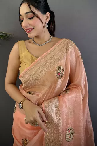 peach organza silk blend handloom banarasi saree with heavy khatali butta work