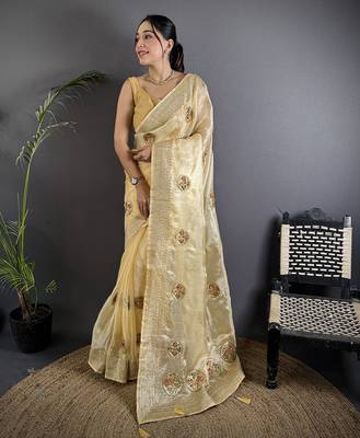 light yellow organza silk blend handloom banarasi saree with heavy khatali butta work 1