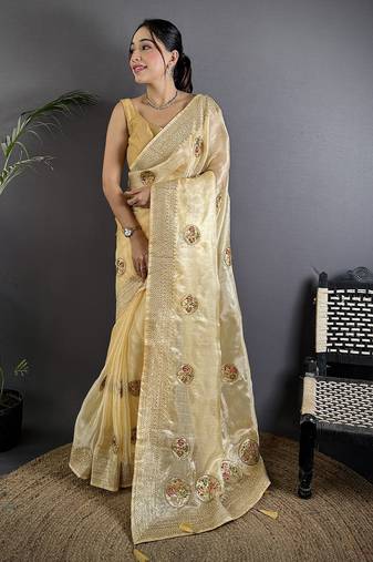 light yellow organza silk blend handloom banarasi saree with heavy khatali butta work
