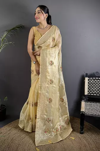 light yellow organza silk blend handloom banarasi saree with heavy khatali butta work