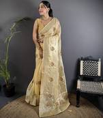 light yellow organza silk blend handloom banarasi saree with heavy khatali butta work