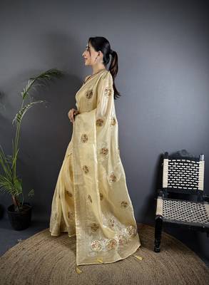 light yellow organza silk blend handloom banarasi saree with heavy khatali butta work 2