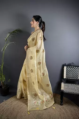 light yellow organza silk blend handloom banarasi saree with heavy khatali butta work