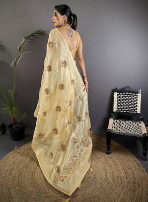 light yellow organza silk blend handloom banarasi saree with heavy khatali butta work 3