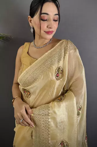 light yellow organza silk blend handloom banarasi saree with heavy khatali butta work