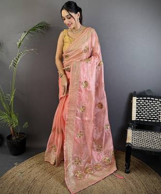 baby pink organza silk blend handloom banarasi saree with heavy khatali butta work 1