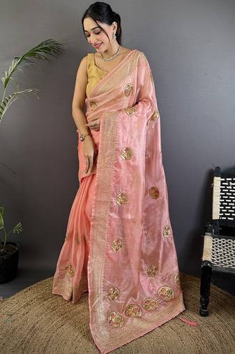 baby pink organza silk blend handloom banarasi saree with heavy khatali butta work