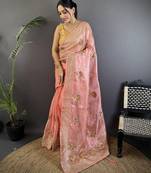 baby pink organza silk blend handloom banarasi saree with heavy khatali butta work