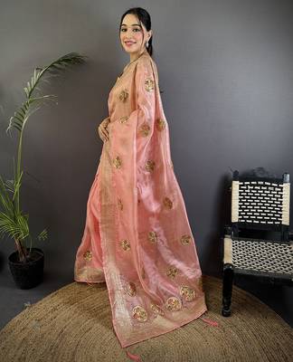 baby pink organza silk blend handloom banarasi saree with heavy khatali butta work 2