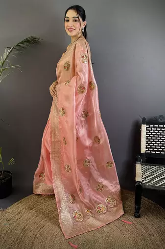 baby pink organza silk blend handloom banarasi saree with heavy khatali butta work