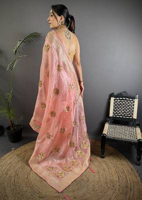 baby pink organza silk blend handloom banarasi saree with heavy khatali butta work 3
