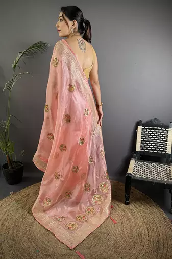 baby pink organza silk blend handloom banarasi saree with heavy khatali butta work
