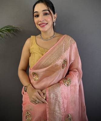 baby pink organza silk blend handloom banarasi saree with heavy khatali butta work 4