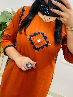 Floral embroidered orange v neck cotton kurta set with trouser & dupatta 4