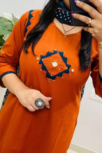 Floral embroidered orange v neck cotton kurta set with trouser & dupatta