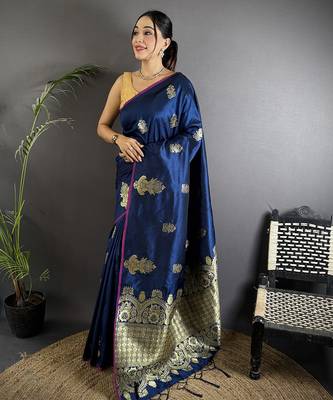 navy blue lichi silk blend golen zari meena weaving banarasi saree 1