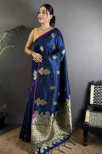 navy blue lichi silk blend golen zari meena weaving banarasi saree