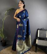 navy blue lichi silk blend golen zari meena weaving banarasi saree