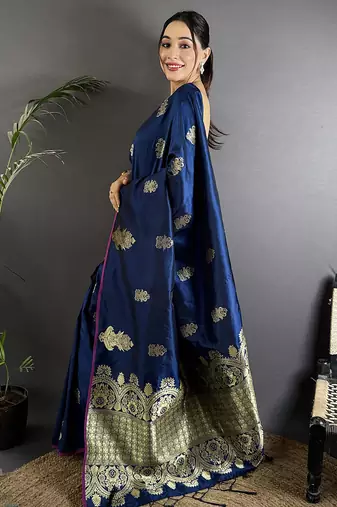 navy blue lichi silk blend golen zari meena weaving banarasi saree