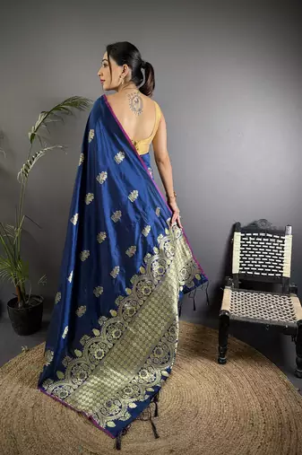 navy blue lichi silk blend golen zari meena weaving banarasi saree
