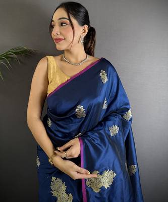 navy blue lichi silk blend golen zari meena weaving banarasi saree 4