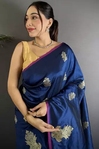 navy blue lichi silk blend golen zari meena weaving banarasi saree